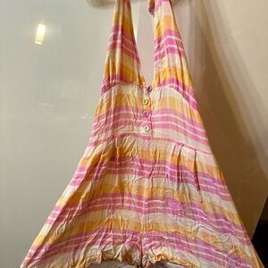 orange and pink striped romper w buttons on the front halter neck